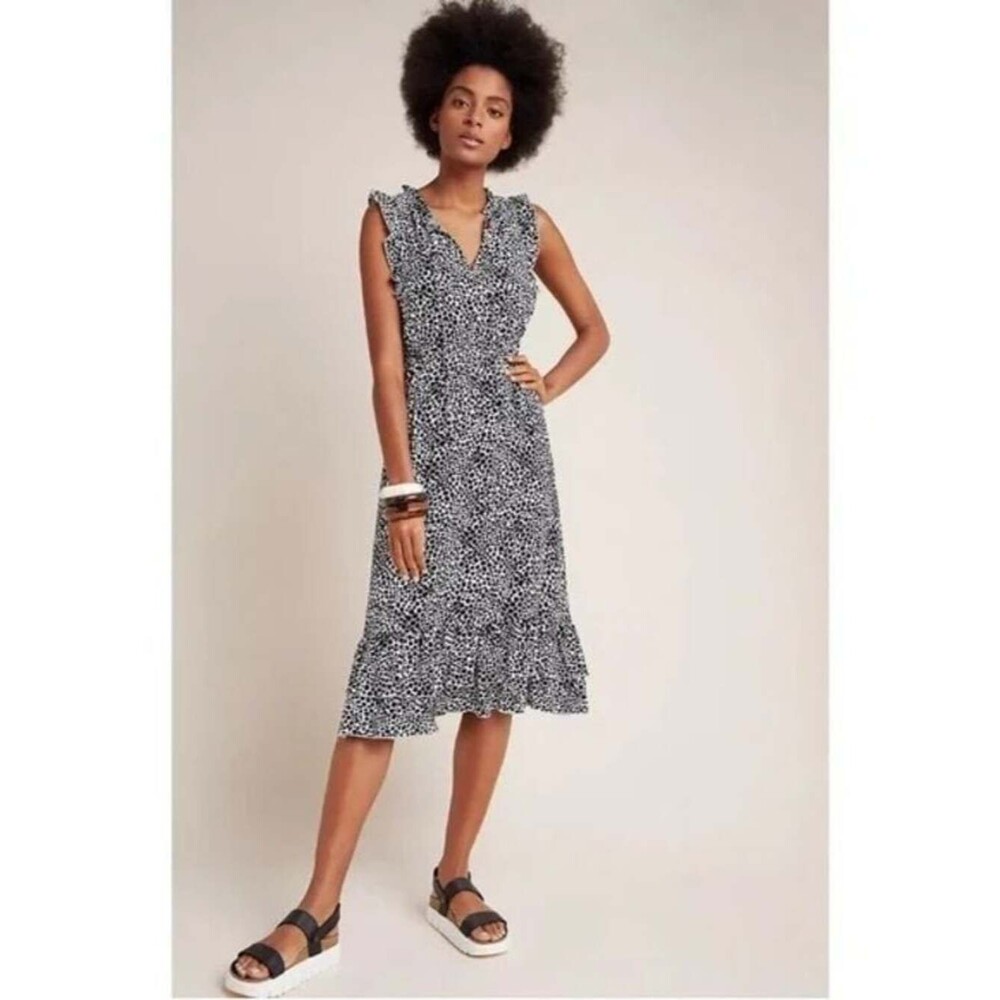 NWT Maeve Anthropologie Black & White Printed Ruffle Midi Dress
